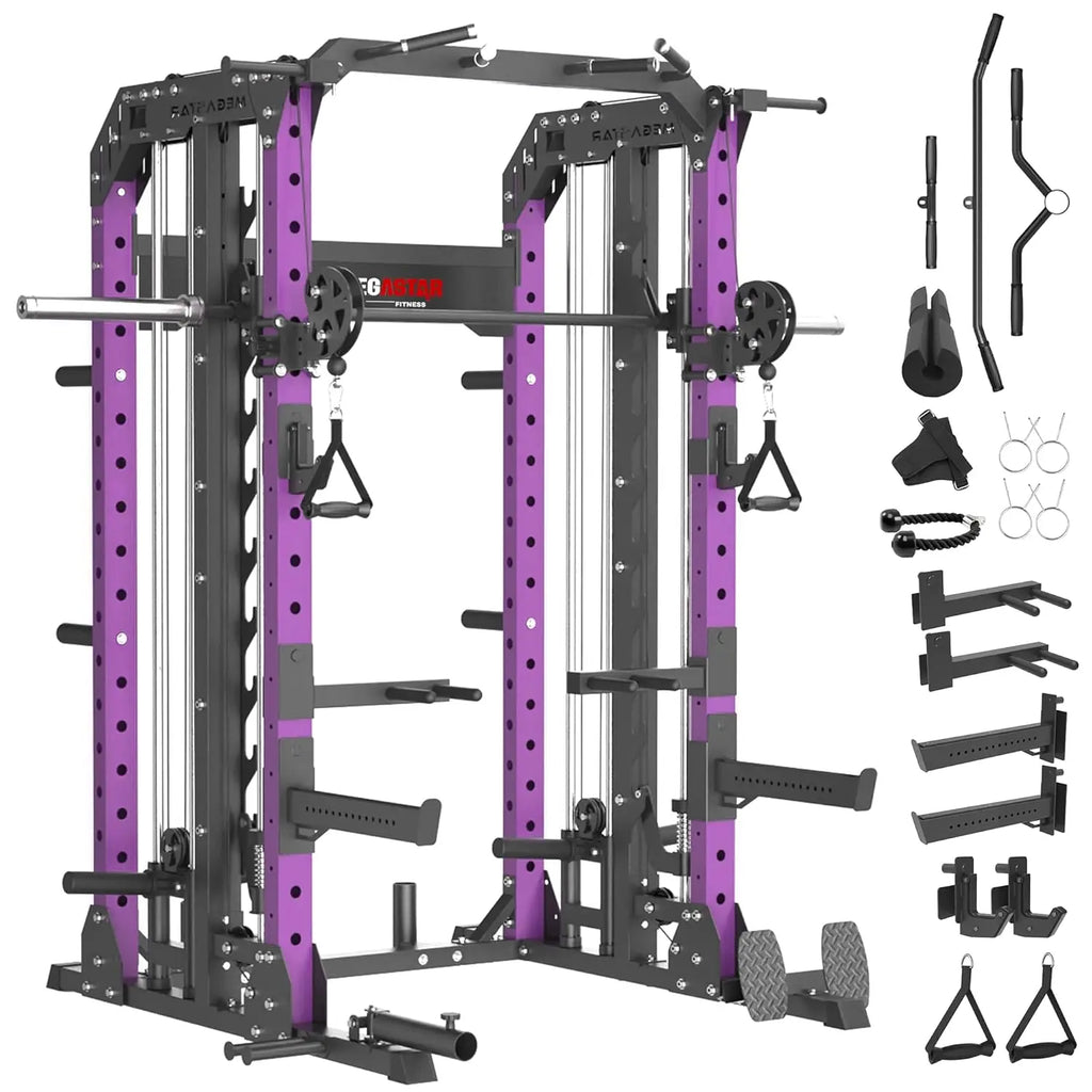 Smith Machine, 2600LBS Squat Rack, 7-in-1 Home Gym Cage with Adjustable Safety Bars, Pull-Up & LAT Pulldown, Customized