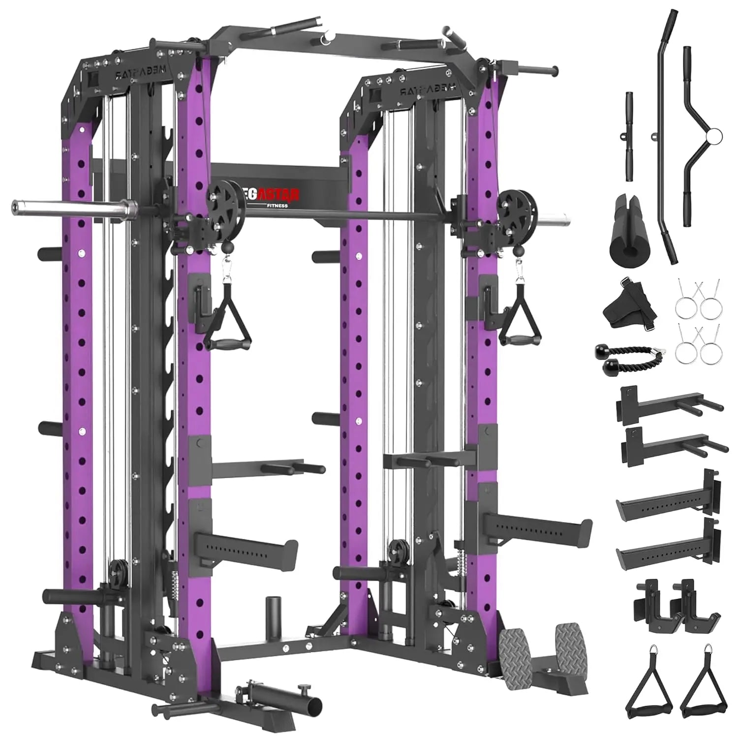 Smith Machine, 2600LBS Squat Rack, 7-in-1 Home Gym Cage with Adjustable Safety Bars, Pull-Up & LAT Pulldown, Customized