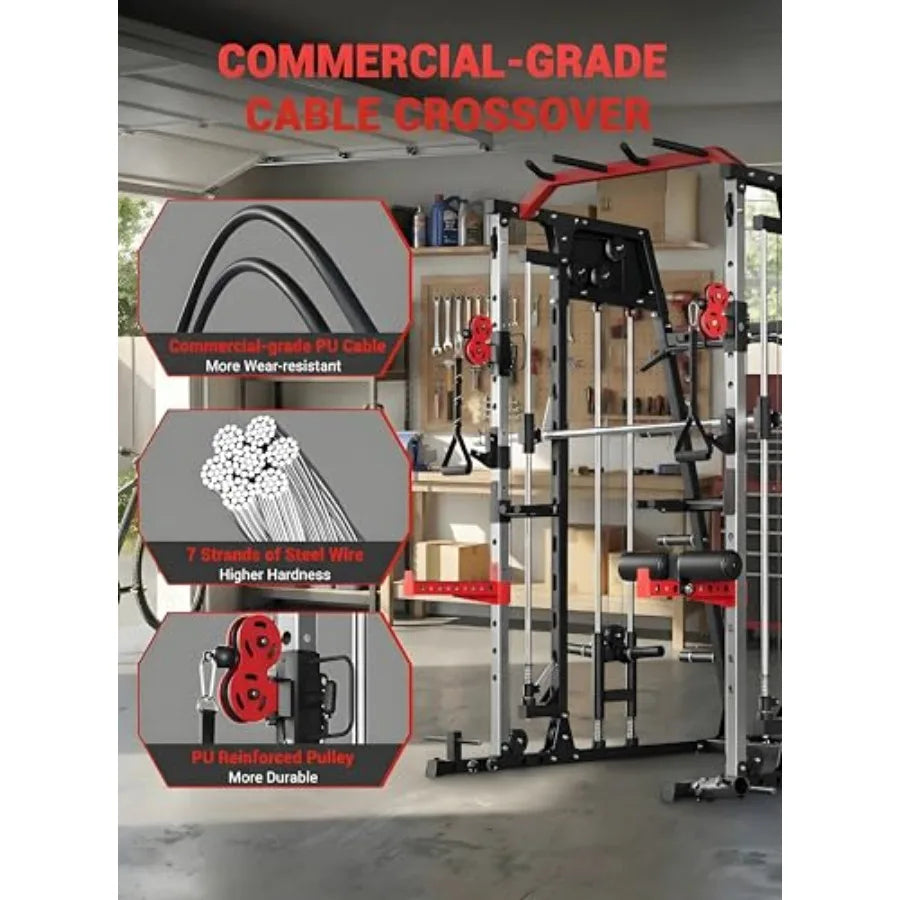 Smith Machine Home Gym All in One Power Cage 2200LBS Workout Equipment Multifunctional Gym with Squat Rack Cable System LAT Pul