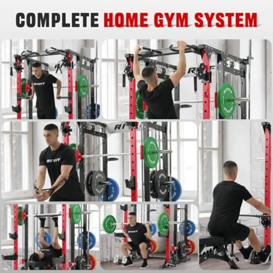 All-in-One Squat Rack with LAT-Pull Down Cable Crossover System for Home Gym Buffalo Smith Machine Power Cage Steel Frame Black