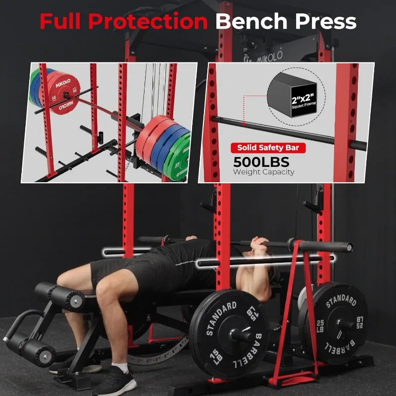 Mikolo F4 2.0 Power Cage with Dual-Track Smooth Pulley System, 1200LBS Power Rack with Leg Hold-Down for Heavy LAT Pulldowns