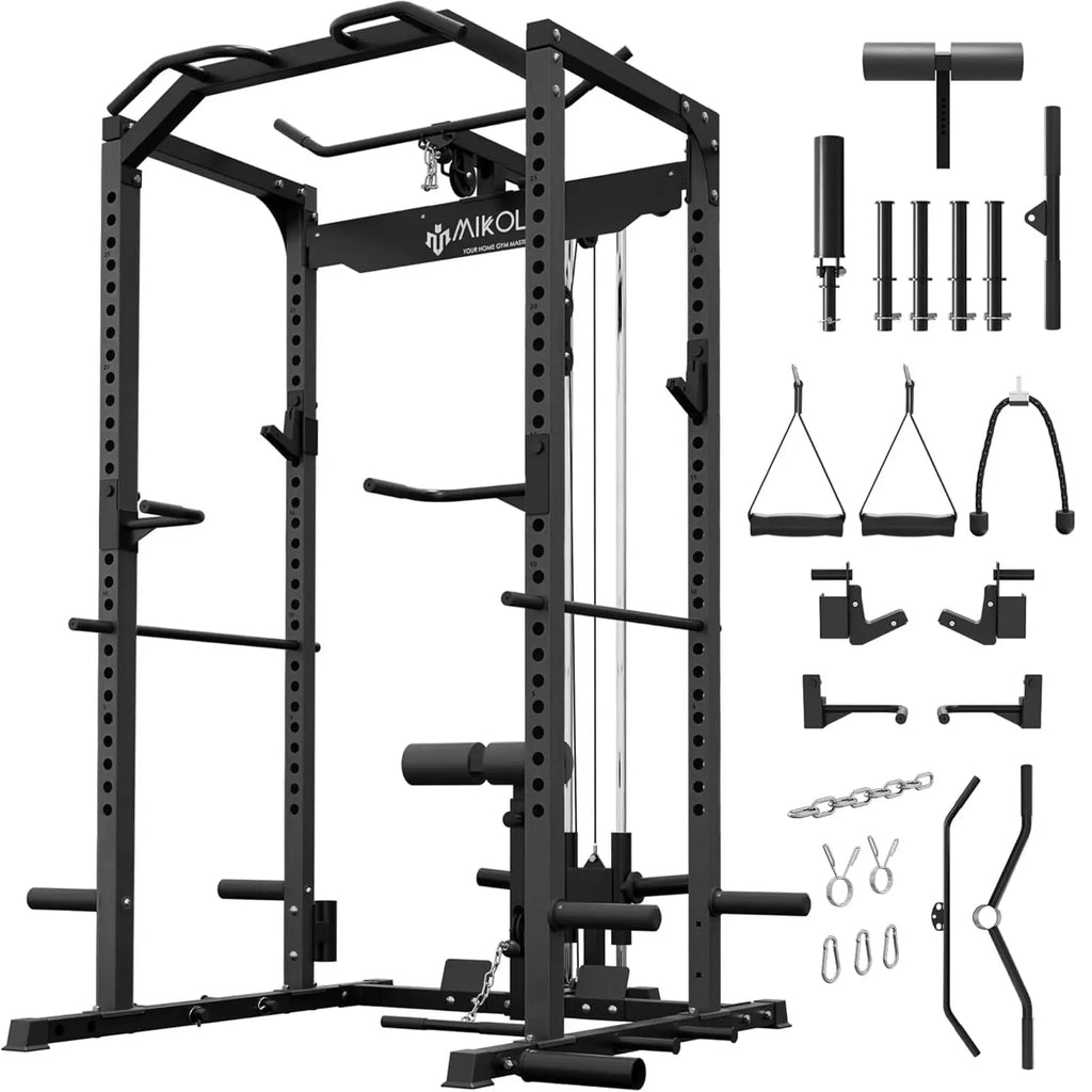 Mikolo F4 2.0 Power Cage with Dual-Track Smooth Pulley System, 1200LBS Power Rack with Leg Hold-Down for Heavy LAT Pulldowns