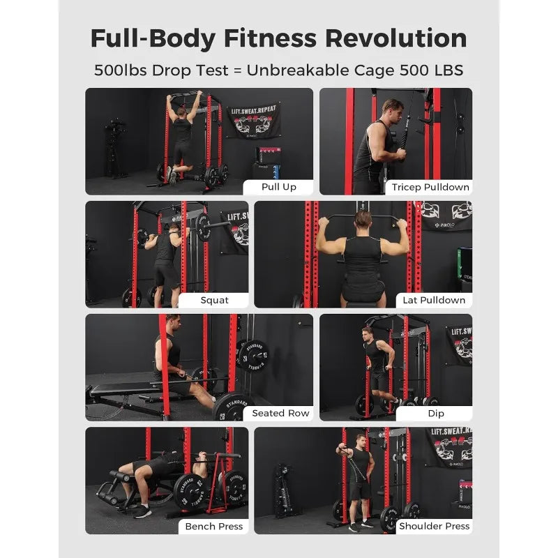 Mikolo F4 2.0 Power Cage with Dual-Track Smooth Pulley System, 1200LBS Power Rack with Leg Hold-Down for Heavy LAT Pulldowns