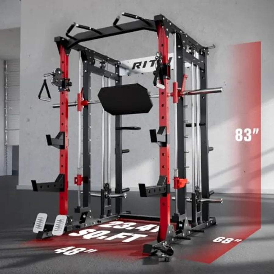 All-in-One Squat Rack with LAT-Pull Down Cable Crossover System for Home Gym Buffalo Smith Machine Power Cage Steel Frame Black