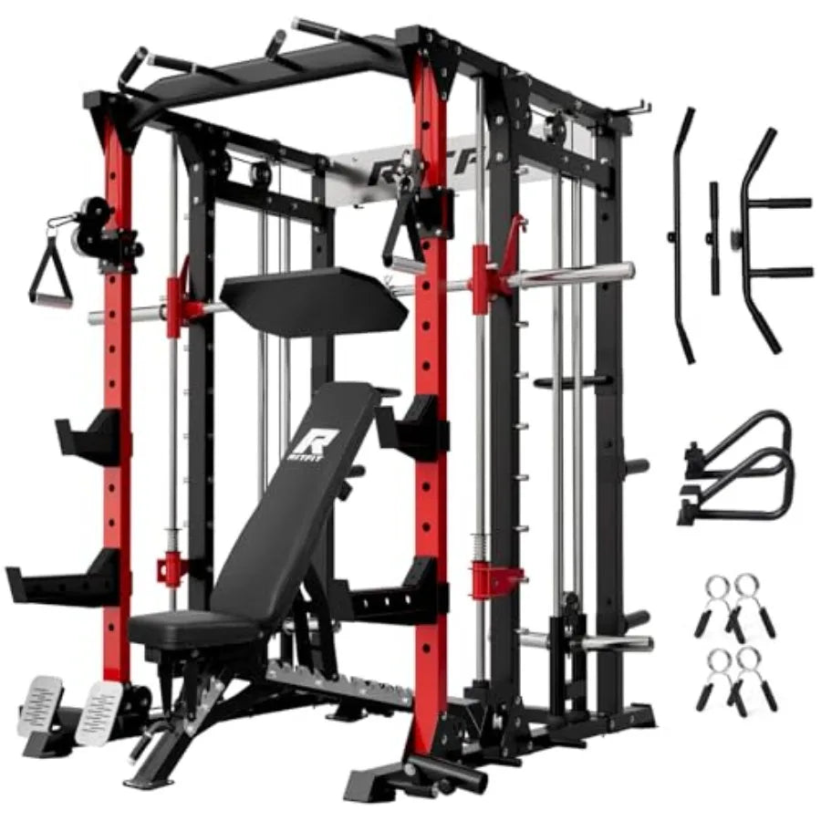 All-in-One Squat Rack with LAT-Pull Down Cable Crossover System for Home Gym Buffalo Smith Machine Power Cage Steel Frame Black