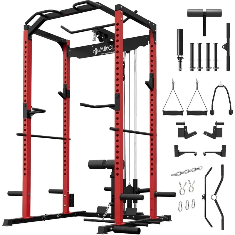 Mikolo F4 2.0 Power Cage with Dual-Track Smooth Pulley System, 1200LBS Power Rack with Leg Hold-Down for Heavy LAT Pulldowns