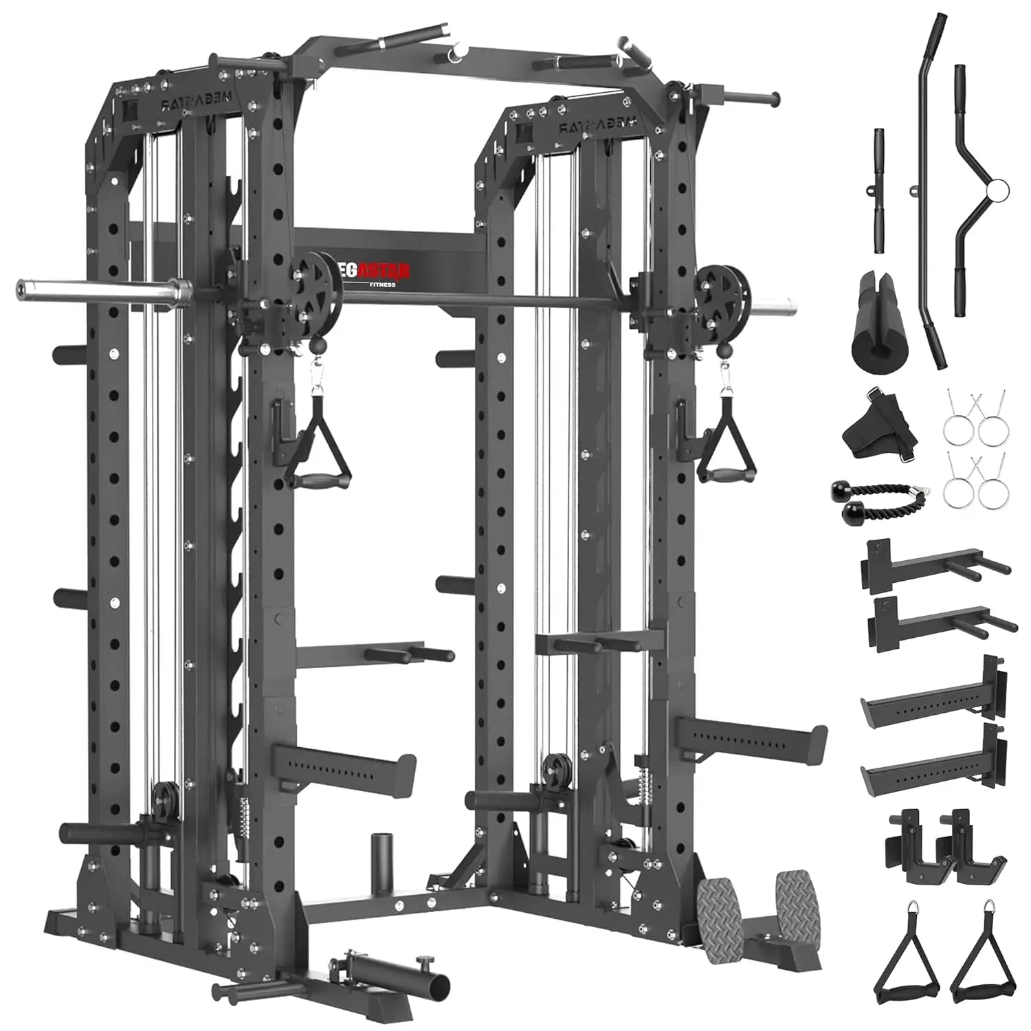 Smith Machine, 2600LBS Squat Rack, 7-in-1 Home Gym Cage with Adjustable Safety Bars, Pull-Up & LAT Pulldown, Customized