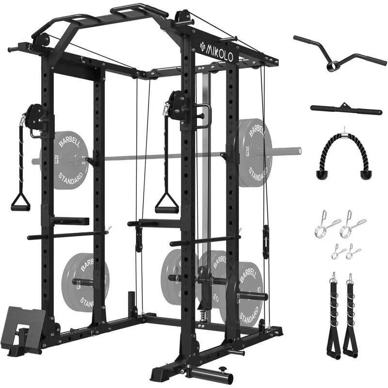 Mikolo Power Cage, Power Rack with Cable Crossover System, 1500LBS Squat Rack with LAT Pull Down System, Workout Cage