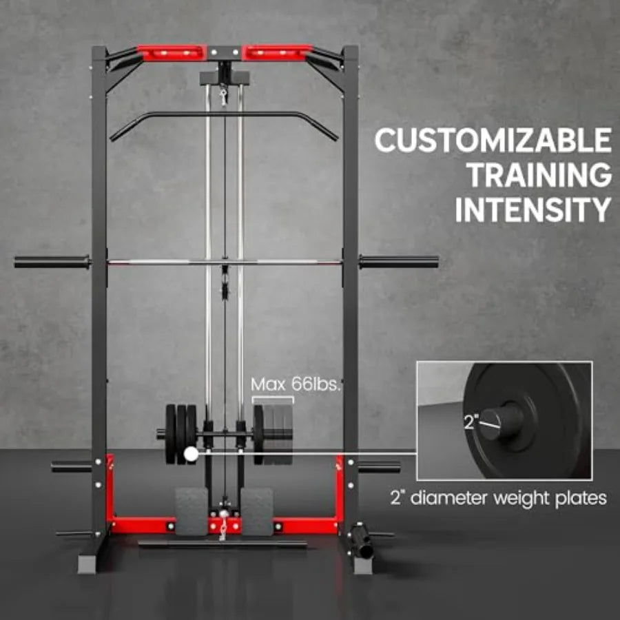 Power Cage Smith Machine Multi-Function Power Rack with Pull Up Bar LAT Pull Down System and Squat Rack Barbell Bar Plate Stora