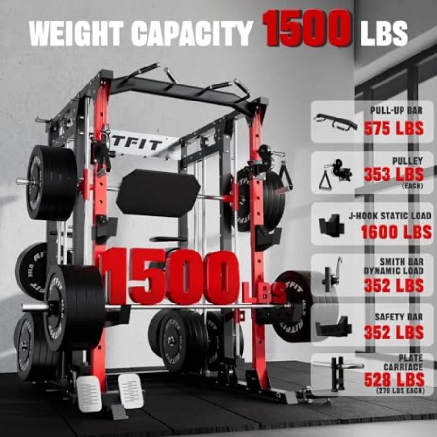 All-in-One Squat Rack with LAT-Pull Down Cable Crossover System for Home Gym Buffalo Smith Machine Power Cage Steel Frame Black