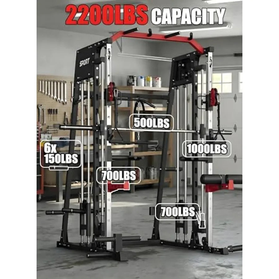 Smith Machine Home Gym All in One Power Cage 2200LBS Workout Equipment Multifunctional Gym with Squat Rack Cable System LAT Pul