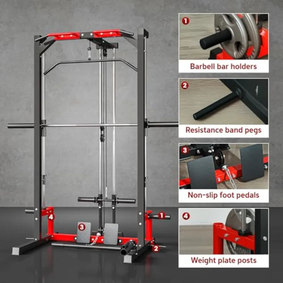Power Cage Smith Machine Multi-Function Power Rack with Pull Up Bar LAT Pull Down System and Squat Rack Barbell Bar Plate Stora