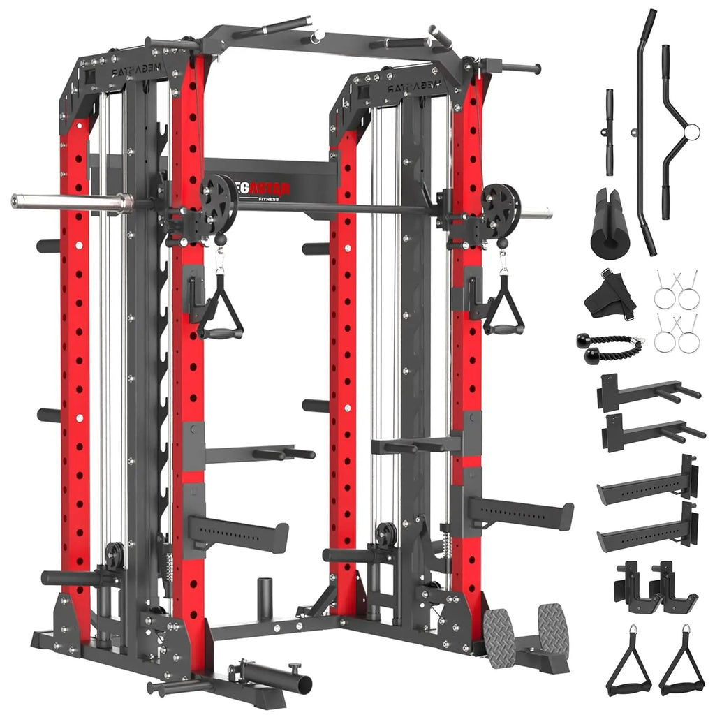 Smith Machine, 2600LBS Squat Rack, 7-in-1 Home Gym Cage with Adjustable Safety Bars, Pull-Up & LAT Pulldown, Customized