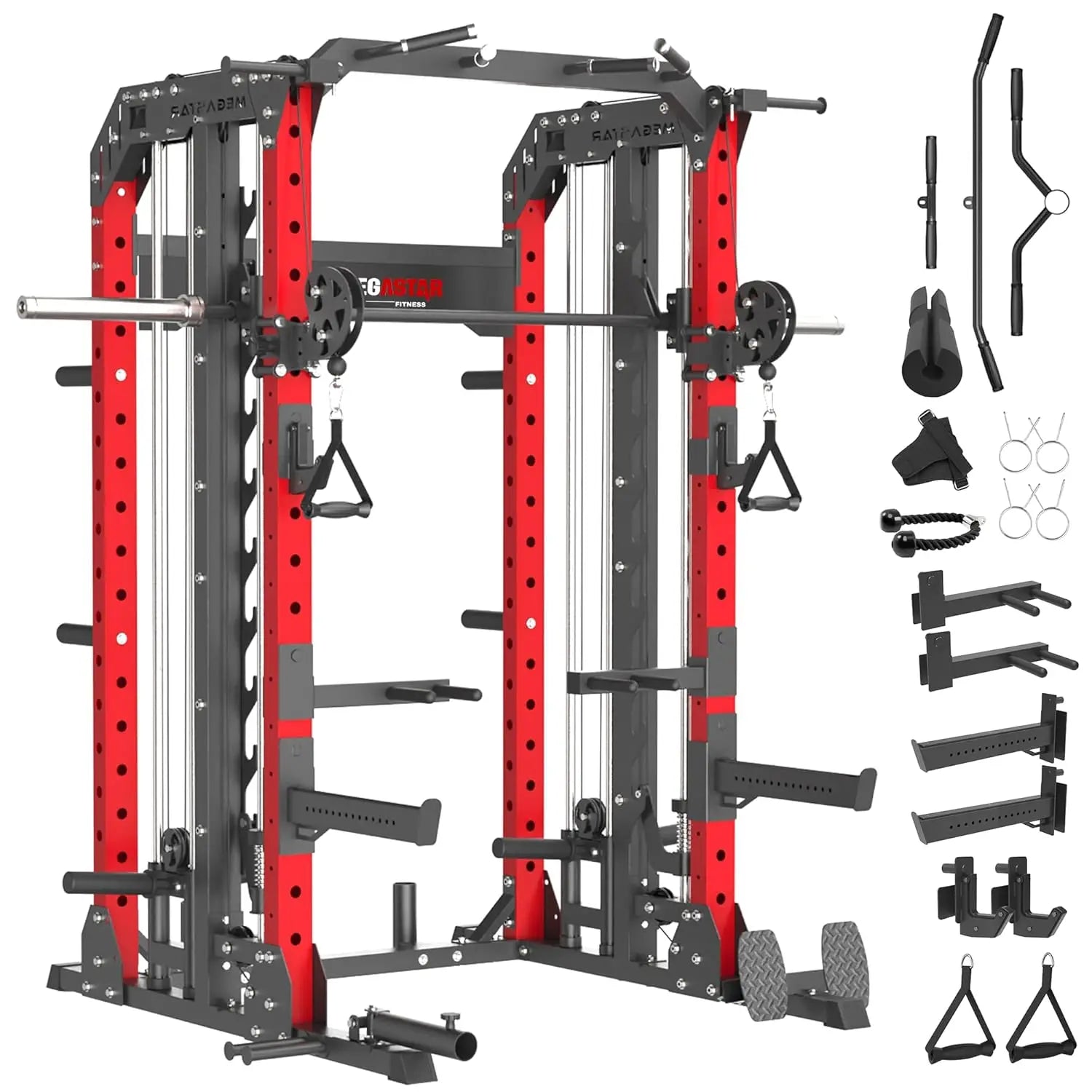 Smith Machine, 2600LBS Squat Rack, 7-in-1 Home Gym Cage with Adjustable Safety Bars, Pull-Up & LAT Pulldown, Customized