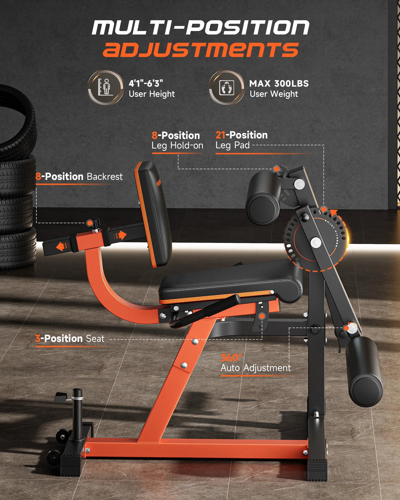 FEIERDUN 4-in-1 Adjustable Leg Extension Curl Machine for Lower Body Workouts 700lbs Capacity Home Gym Equipment(Orange)