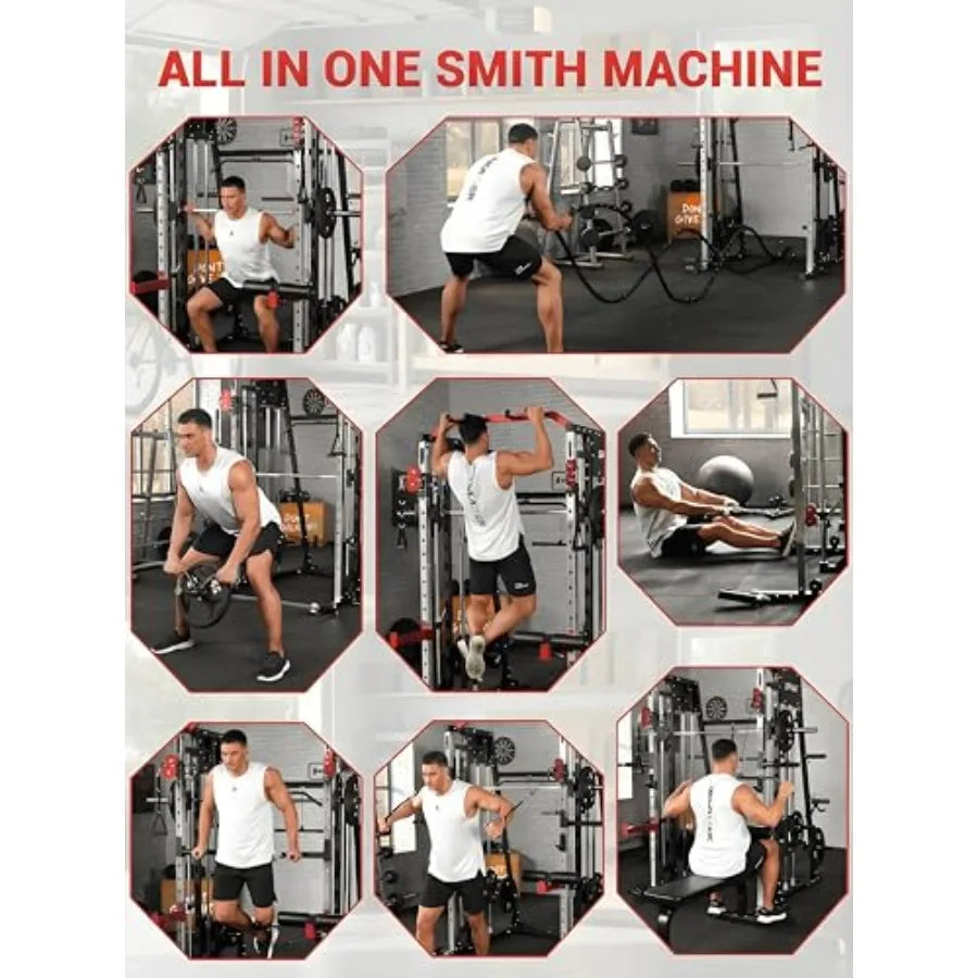 Smith Machine Home Gym All in One Power Cage 2200LBS Workout Equipment Multifunctional Gym with Squat Rack Cable System LAT Pul