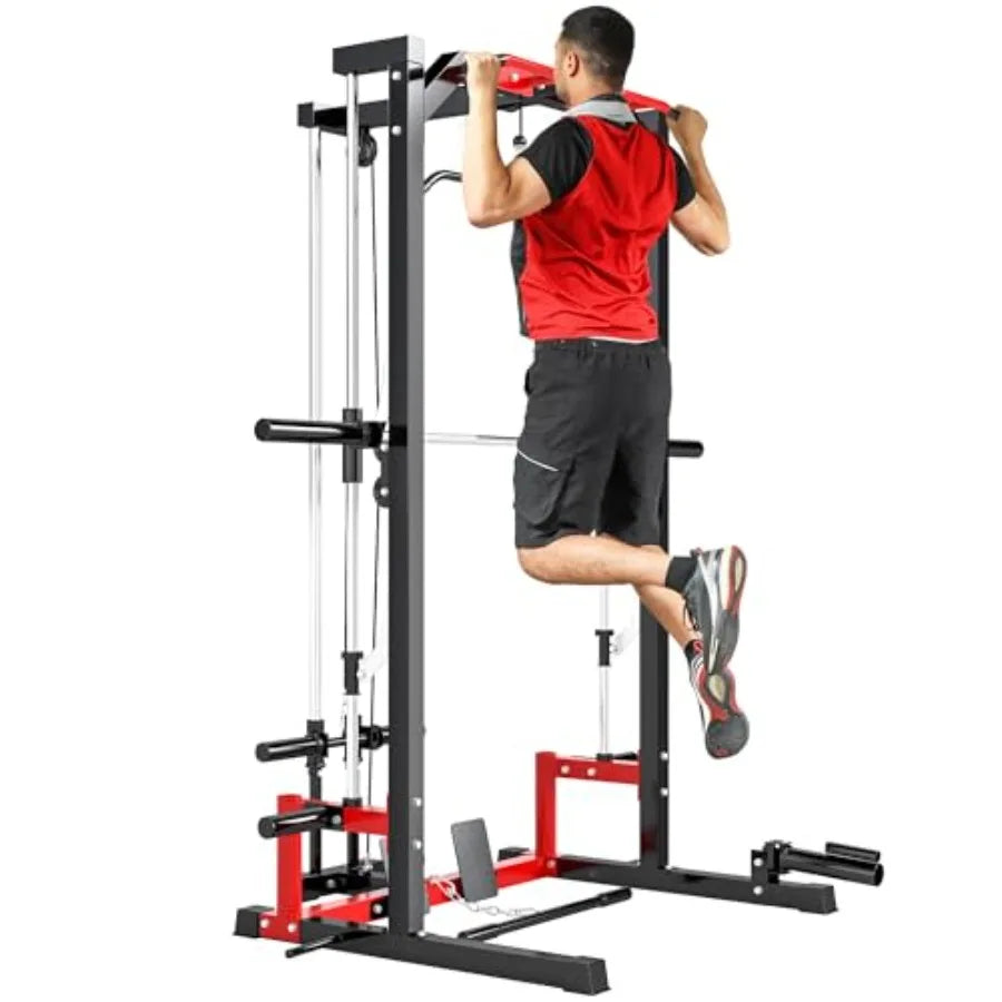 Power Cage Smith Machine Multi-Function Power Rack with Pull Up Bar LAT Pull Down System and Squat Rack Barbell Bar Plate Stora
