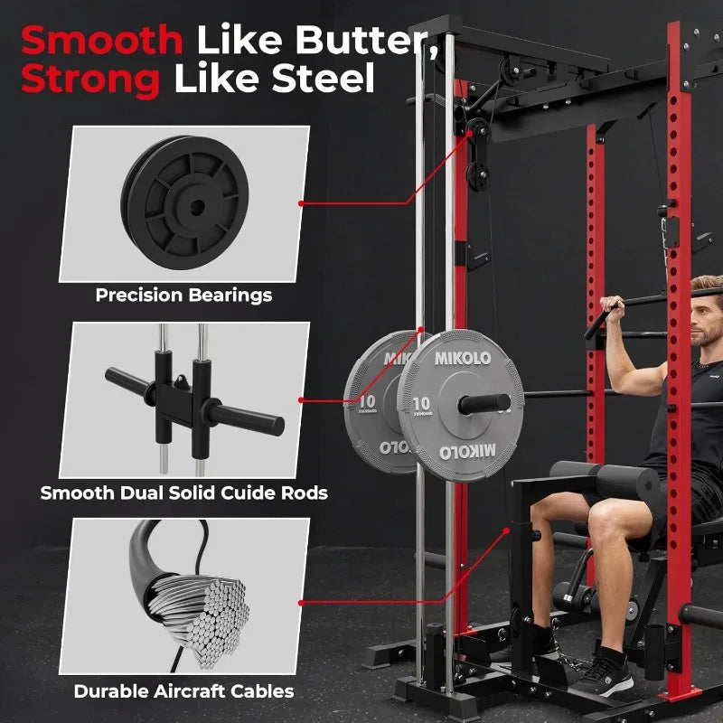 Mikolo F4 2.0 Power Cage with Dual-Track Smooth Pulley System, 1200LBS Power Rack with Leg Hold-Down for Heavy LAT Pulldowns