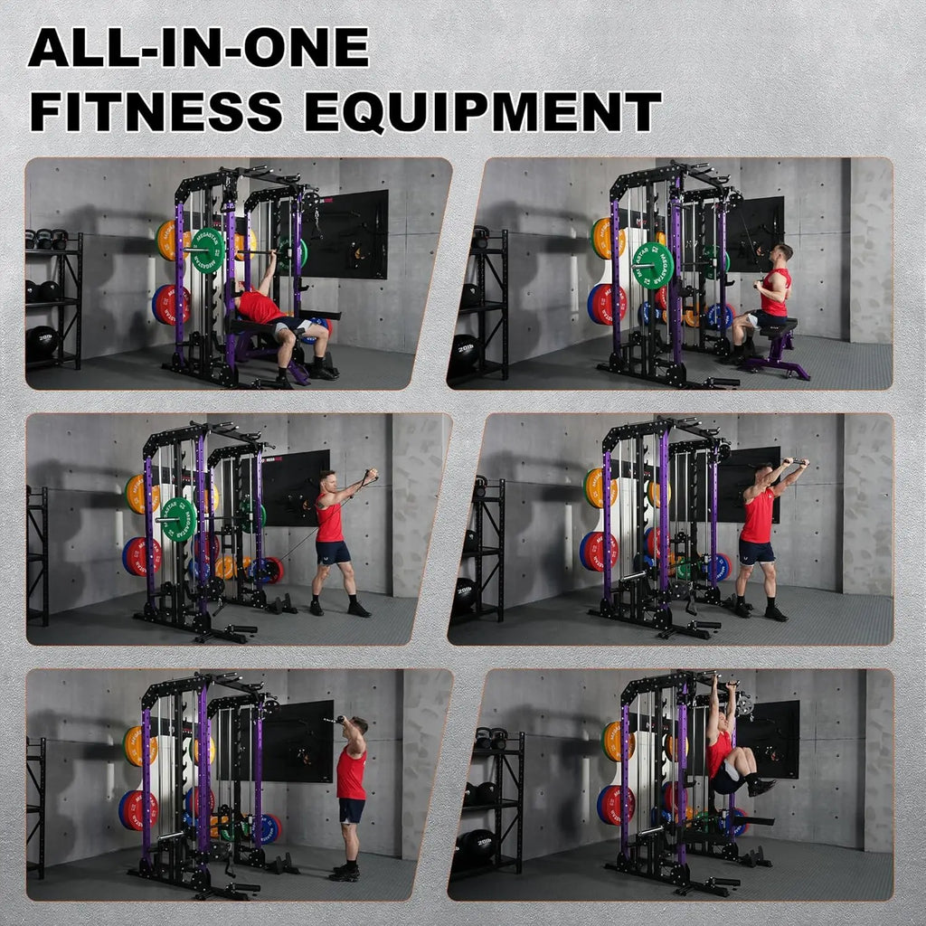 Smith Machine, 2600LBS Squat Rack, 7-in-1 Home Gym Cage with Adjustable Safety Bars, Pull-Up & LAT Pulldown, Customized