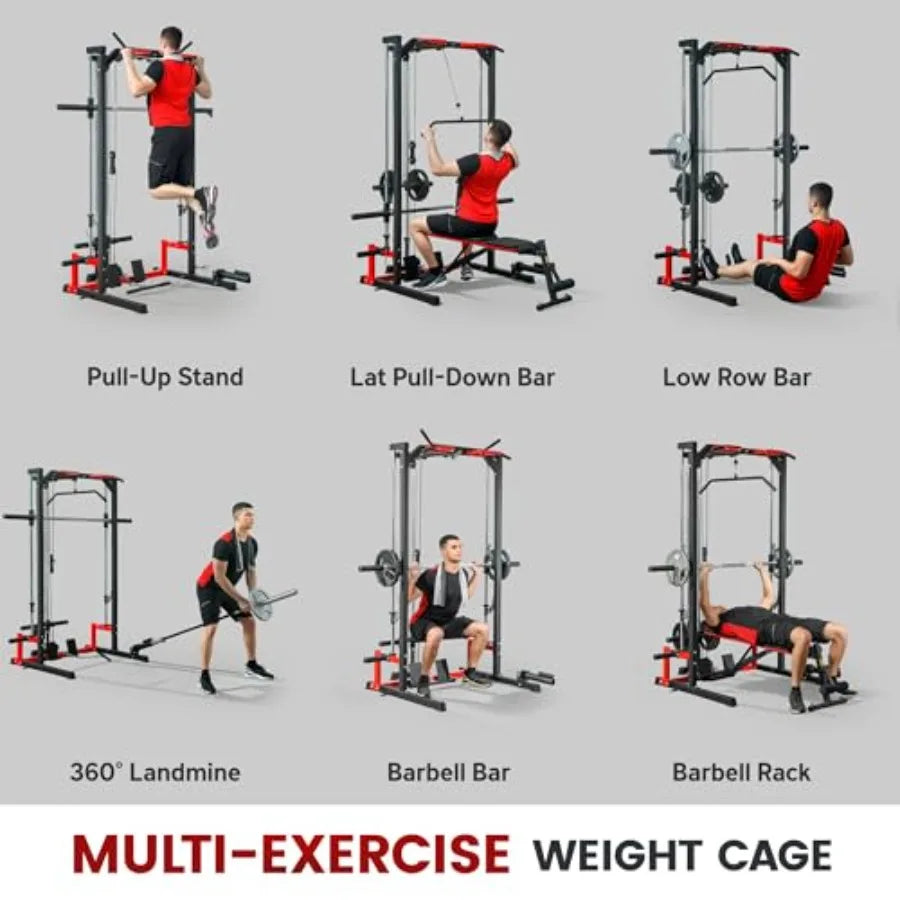 Power Cage Smith Machine Multi-Function Power Rack with Pull Up Bar LAT Pull Down System and Squat Rack Barbell Bar Plate Stora