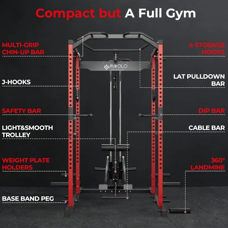 Mikolo F4 2.0 Power Cage with Dual-Track Smooth Pulley System, 1200LBS Power Rack with Leg Hold-Down for Heavy LAT Pulldowns